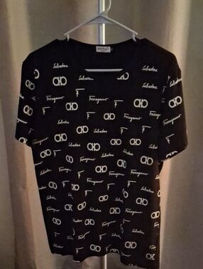 Salvatore Ferragamo Black Tee with White Logo Allover